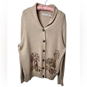 Vintage Alfred Dunner Cardigan Sweater Apple Picking Embroidered Beige Sz Large